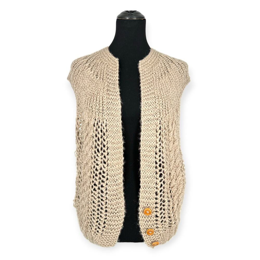 Donagain | Medium | VINTAGE Tan Loose Open Knit Sleeveless Cardigan Sweater Vest